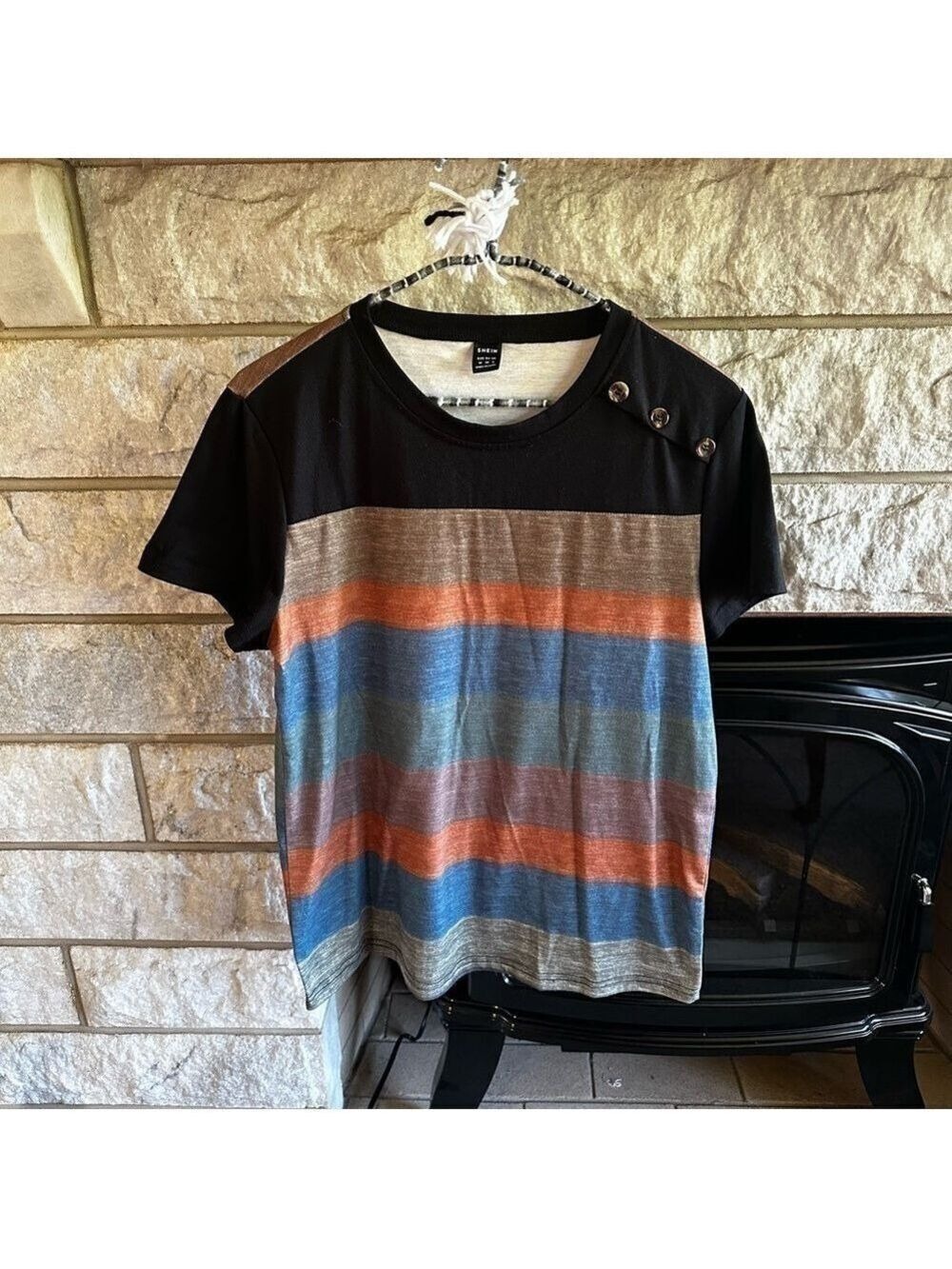 SHEIN Orange Blue Brown Green Black Colorblock Striped Tee Sz M